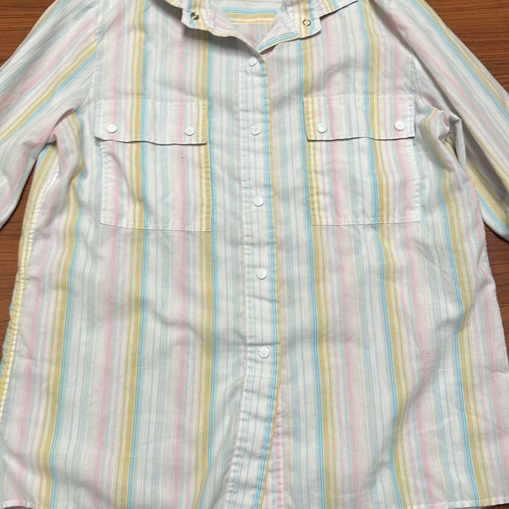 Diane Von Furstenberg VINTAGE PEARL SNAP STRIPED Button Up size 12 made in Italy - Picture 2 of 6